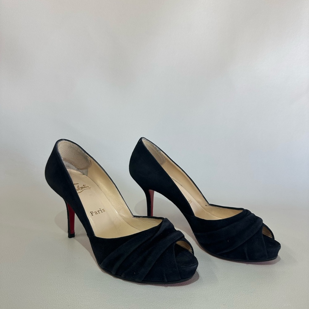 Christian Louboutin VERDE 90 Black Suede Ruched Peep Toe Pump Heels